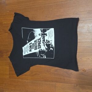Black Graphic Tee with Plan 9 From Outer Space Print Modified Neck